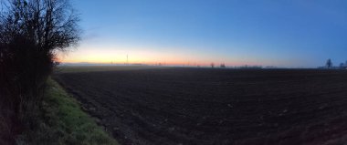 Hafif bulanık bir resim geniş bir alan üzerinde nefes kesici bir gün batımını yakalar, ön planda belirgin bir görkemli ağaç vardır.