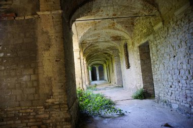 Uzağa uzanan kemerli tarihi bir taş koridor, bitki örtüsüyle kaplanmış ve yumuşak ışıkla yıkanmış. Yüksek kalite fotoğraf