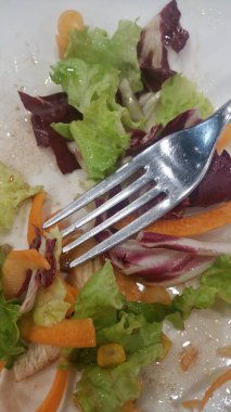 Yakın plan, yarım yenmiş bir salatanın beyaz bir tabakta, kalan yeşillikler ve dilimlenmiş sebzelerin üzerinde bir çatalla çekilmiş resmi. Yüksek kalite fotoğraf