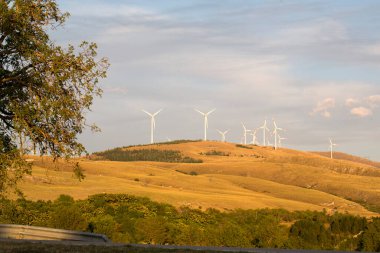 Yükselen rüzgar türbinleri, uzak bir yamaçta görkemli bir şekilde duruyor. Kılıçları, yenilenebilir enerji ve sürdürülebilirliği simgeleyen parlak bir gökyüzüne karşı dönüyor. Yüksek kalite fotoğraf