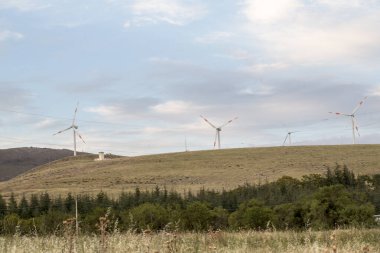 Siluetli rüzgar türbinleri, yumuşak günbatımı renkleri ve görünen ay ile dramatik bir akşam gökyüzüne karşı bir tepenin üzerinde duruyor. Yüksek kalite fotoğraf