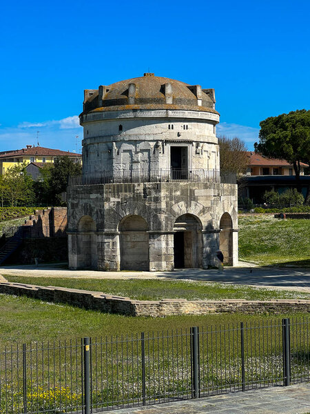 Historic Mausoleum of Theodoric, a UNESCO World Heritage site in Ravenna, Italy, under a clear blue sky. High quality photo