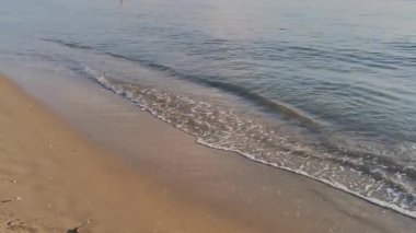 Güneşin doğuşunda kumlu bir plaja yuvarlanan yumuşak okyanus dalgalarının yakın çekim görüntüsü. Yumuşak ışık suyun kenarını aydınlatıyor. Yüksek kalite 4k görüntü