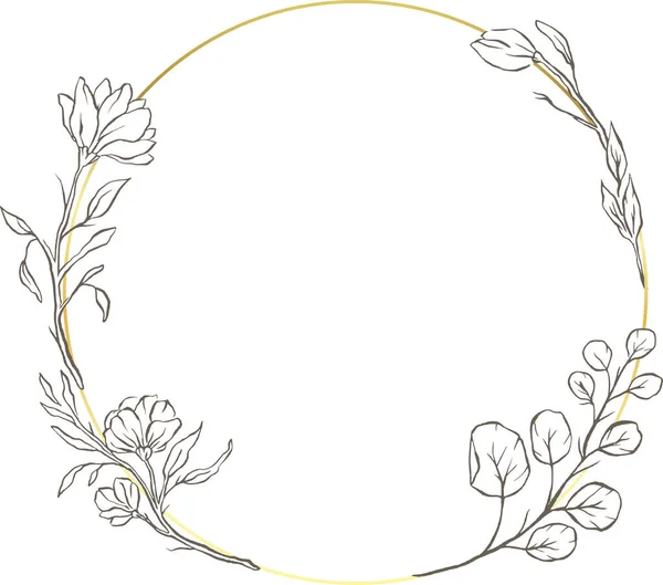 Floral Χρυσό Διάνυσμα Κύκλο Πλαίσιο Λουλούδι Κομψά Φύλλα Φύση Στρογγυλό — Διανυσματικό Αρχείο