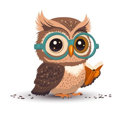 Cute cartoon owl reading book vector funny animal. Vector illustration. Smart wise character in glasses, kids print bird card