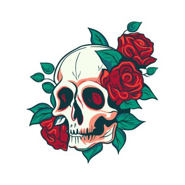 Vector skull and rose flower logo icon, Art Halloween floral detailed tattoo illustration, vintage retro design background. Skeleton head death gothic symbol decoration