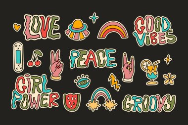 Retro vintage 70s 80s groovy element set, cute funky hippy sticker vector collection, summer flower cartoon art hippie illustration.