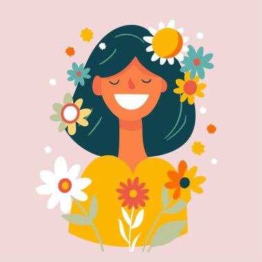 Happy woman flower 8 march spring vector, beautiful young girl face flat holiday floral illustration, smiling icon.