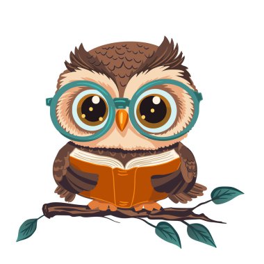 Cartoon cute wise owl with a book vector character. Smart animal, kids cheerful illustration. Colorful funny beautiful design.