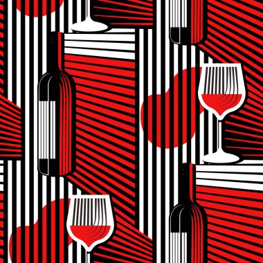 Red wine seamless vector pattern, drink bottle glass modern geometric background. Creative fashion wallpaper. Creative design.