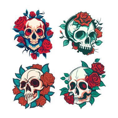 Skull head rose flower symbol set. Dead drawing print collection, retro death plant design