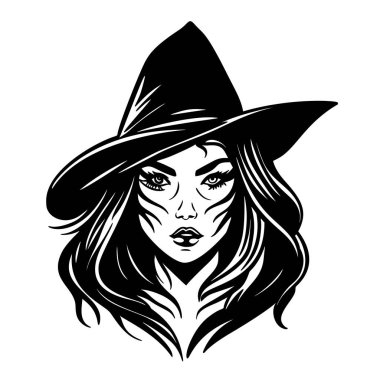 Cadı silueti, şapkalı korkunç kadın sihirli bayram esrarengiz kadın çizimi.