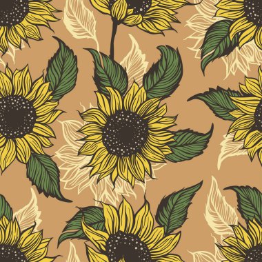 Yellow sunflower, seamless vector pattern. Nature summer plant botanical flora ornament background.