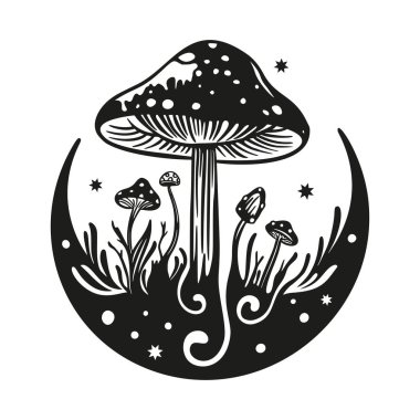 Sihirli mantar ay ve yıldız vektör silueti, siyah çizgi çizimi. Göksel mantar izi