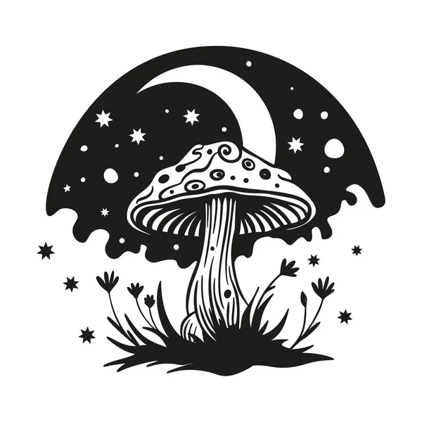 魔法のキノコの月と星のベクトルのシルエット 黒い線の輪郭の描画 天真菌 Print — ストックベクタ
