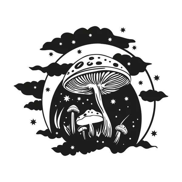 魔法のキノコムーンベクトルシルエット 黒い線の輪郭描画 天真菌 Print — ストックベクタ