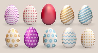 Mutlu Paskalya gerçekçi yumurta seti. Altın renkli tatil vektörü bahar geleneksel element koleksiyonu