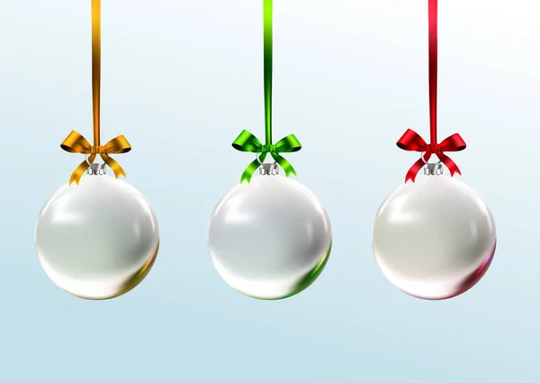 Realistické Vánoční Sklo Transparentní Koule Set Bauble Dekorace Stuhou Vektorové — Stockový vektor