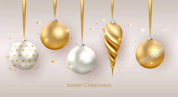 Realistische Kerst Gouden Bal Bauble Decoraties Vector Viering Seizoen Achtergrond — Stockvector