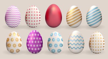 Mutlu Paskalya gerçekçi yumurta seti. Altın renkli tatil vektörü bahar geleneksel element koleksiyonu