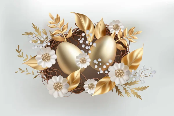 3Dイースターゴールドの卵の巣 白いデイジー春の花と葉と現実的なベクトルの卵のイラスト — ストックベクタ