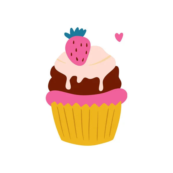 Verjaardag Zoete Cupcake Met Aardbei Room Vector Partij Baby Kids — Stockvector