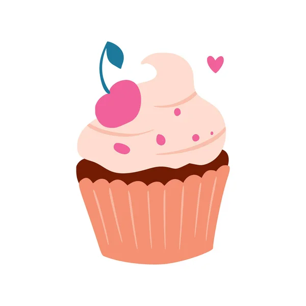 Cupcake Sucré Anniversaire Avec Cerise Crème Fête Vectorielle Bébé Enfants — Image vectorielle
