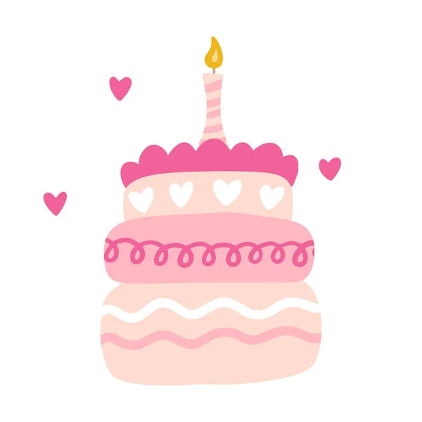 生日蛋糕配蜡烛 矢量派对宝宝简单扁平甜点涂鸦插图 — 图库矢量图片