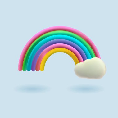 Bulutlu 3D renkli gökkuşağı. Vektör komik bebek çizimi. Fantezi oluşturma tasarımı