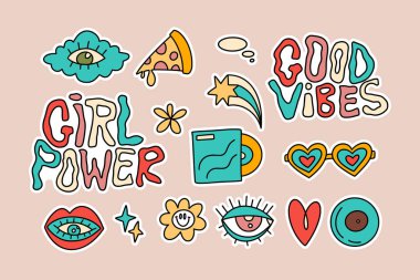 Karikatür karikatür, komik çıkartma seti. Vektör funky hippi çiçek kalp göz bulut harfli pizza ikonu
