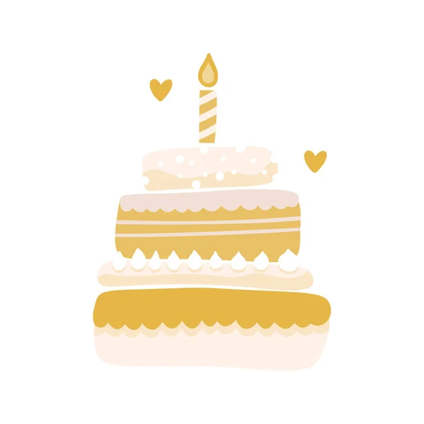 キャンドル付きの誕生日ケーキ ベクトルパーティーベビーキッズシンプルなフラットデザートドアイラスト — ストックベクタ