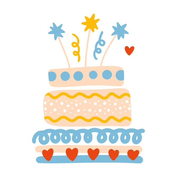 Gâteau Anniversaire Avec Des Étoiles Confettis Fête Vectorielle Bébé Enfants — Image vectorielle