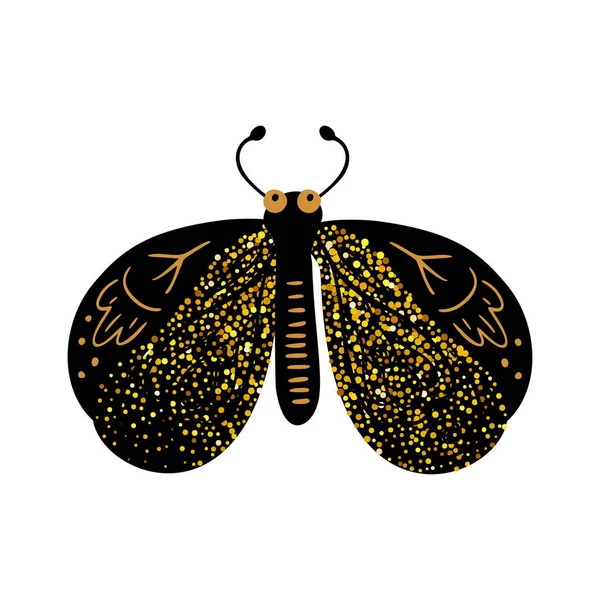 Zwarte Gouden Glitter Vlinder Hemelse Vector Fee Insect Illustratie — Stockvector
