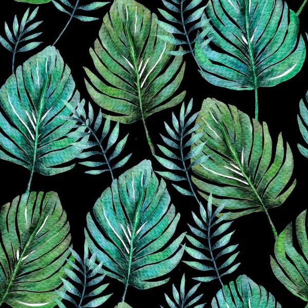 热带植物学怪物手掌水彩画无缝图案 在黑暗的背景上 把奇异的天堂树叶缠绕在一起 — 图库照片