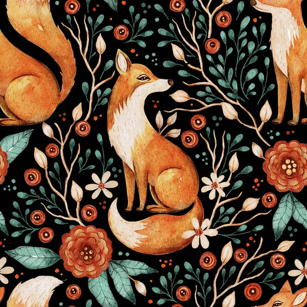 Симпатичная Лиса Осенний Лес Цветок Акварели Бесшовный Узор — стоковое фото