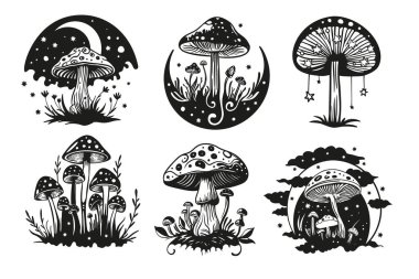 Sihirli mantar ve ay perisi silueti seti. Yıldızlı mantarlar göksel vektör koleksiyonu sanatı