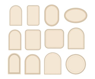 Klasik Bej Çerçeve Koleksiyonu. Davetiyeler, çerçeveler, menüler ve etiketler için boş çerçeve etiketleri. Web sitesinin, kafelerin, butiklerin, etiketlerin, düğünün grafiksel tasarımı