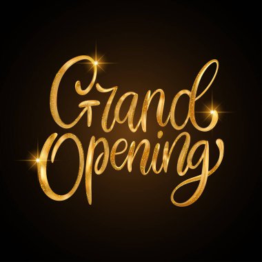 Büyük Açılış Simleri metni. Parlak parıltılı 3d vektör altın harfli el yazısı sanatı