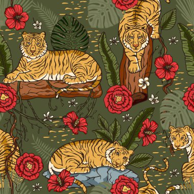 Yağmur ormanlarındaki çiçeklerin arasındaki orman kaplanı. Vektör kaplan ormandaki kusursuz desenli sanatı gösteriyor.