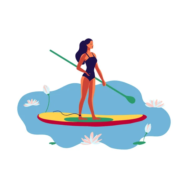 Young Woman Swimsuit Swimming Sup Board Lake Water Lily Flowers — Stock Vector