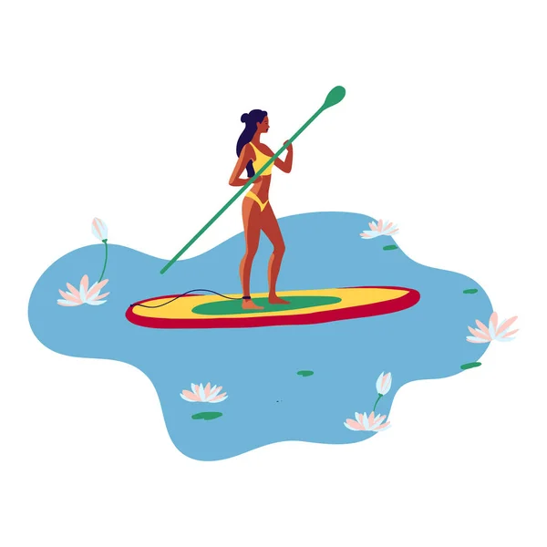 Mujer Joven Traje Baño Nadando Tablero Sup Lago Entre Flores — Vector de stock