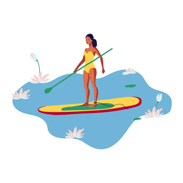 Jovem Mulher Maiô Nadando Uma Placa Sup Lago Entre Flores — Vetor de Stock