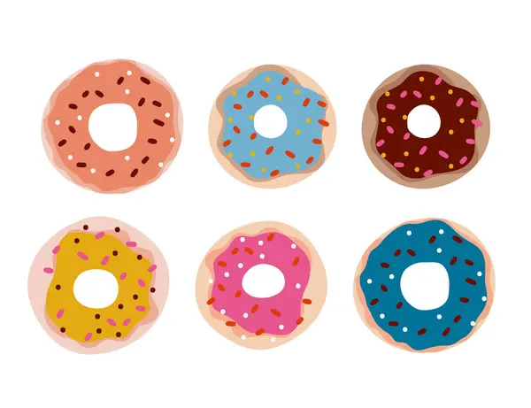 Bonito Cartoon Círculo Simples Donut Vetor Conjunto Feliz Feriado Doce —  Vetores de Stock