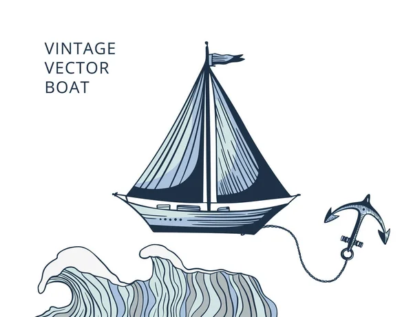 Vintage Vector Ship Boat Sketch Illustration Blue Sea Ocean Hand — Stock Vector