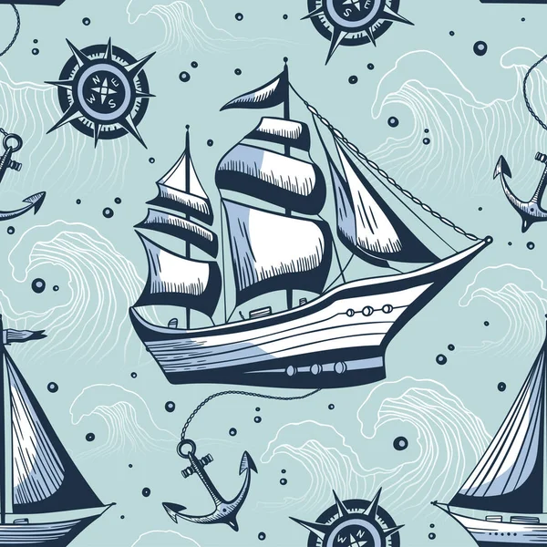 Ročník Námořní Loď Oceán Modrý Hladký Vektorový Vzor Ručně Kreslený — Stockový vektor