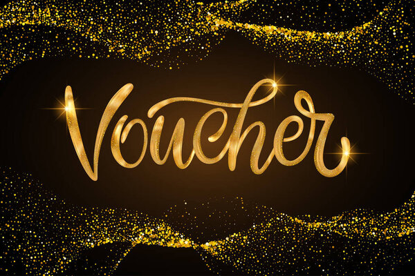 Voucher glitter card certificate title. Shiny sparkle 3d vector gold golden lettering calligraphy card art