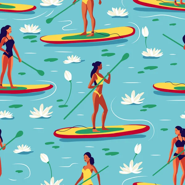 Женщина Доске Sup Озере Среди Водных Цветов Лилии Sup Посадки — стоковый вектор