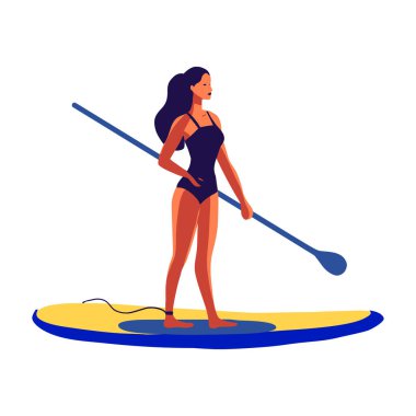 Mayo giymiş genç bir kadın SUP taşıyıcı düz bir illüstrasyon tatilinde yüzüyor.