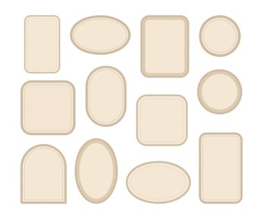 Klasik Bej Çerçeve Koleksiyonu. Davetiyeler, çerçeveler, menüler ve etiketler için boş çerçeve etiketleri. Web sitesinin grafiksel tasarımı, kafeler, butikler, etiketler, düğün davetiyeleri.