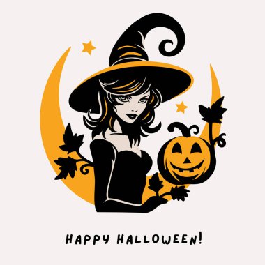 Şapkasında balkabağı ve ay olan genç ve çekici cadı yüzü. Cadılar Bayramı silueti portresi, vektör parti kartı çizimi.